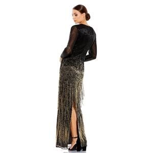 Mac Duggal Long Sleeve Beaded Fringe Column Gown Back Slit Black Size 10 NWT